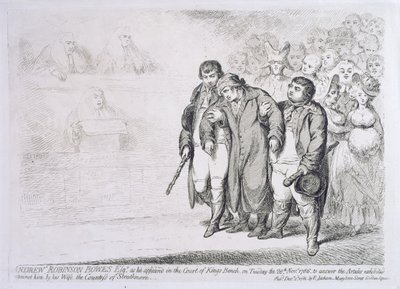 Andrew Robinson Bowes Esq. zoals hij verscheen in het Hof van de Koning op dinsdag 28 november 1786, om de artikelen tegen hem ingediend door zijn vrouw de Gravin van Strathmore te beantwoorden door James Gillray